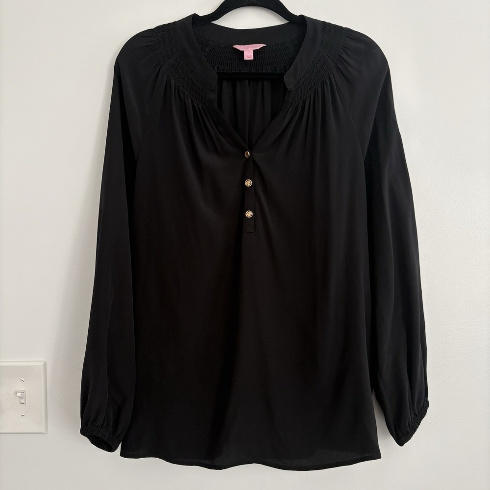 Lilly Pulitzer 100% Silk Black Smocked Button Blouse Women's M Long Sleeve